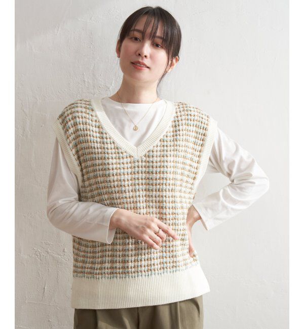 ikka「【2点セット】ブークレMIXニットベストアンサンブル」|ニット・セーター|ミントグリン