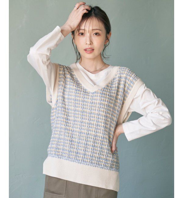 ikka「【2点セット】ブークレMIXニットベストアンサンブル」|ニット・セーター|スカイブルー