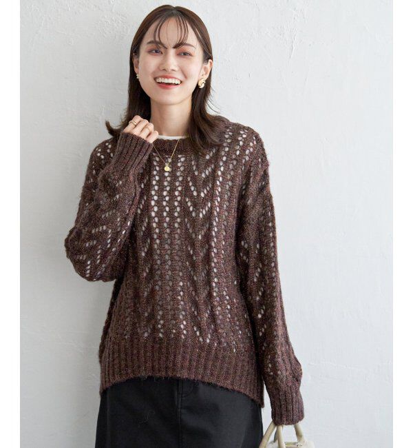 ikka「ラメリリヤーン透かし編みプルオーバー」|プルオーバー|ブラウン