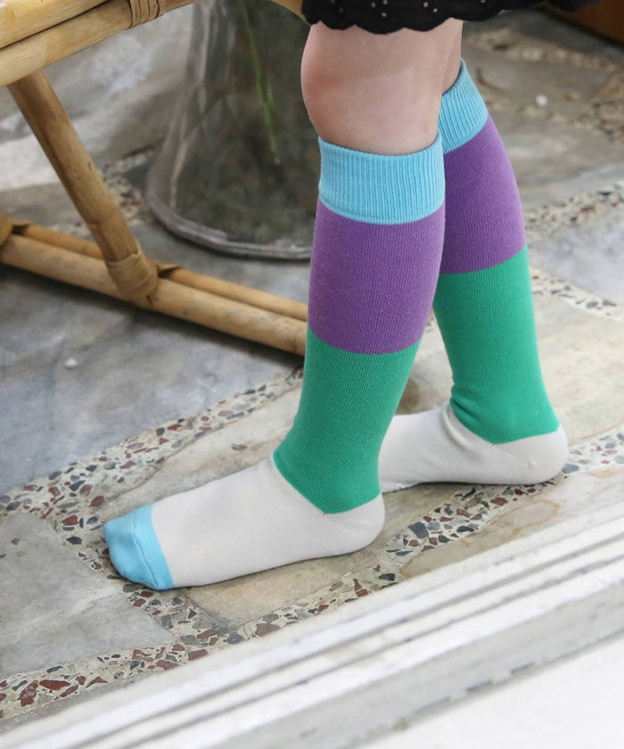 BACKYARD FAMILY「キッズ 女の子 ハイソックス 靴下 通販 しましま靴下 ソックス くつ下 膝下 配色 切り替え」|ソックス|