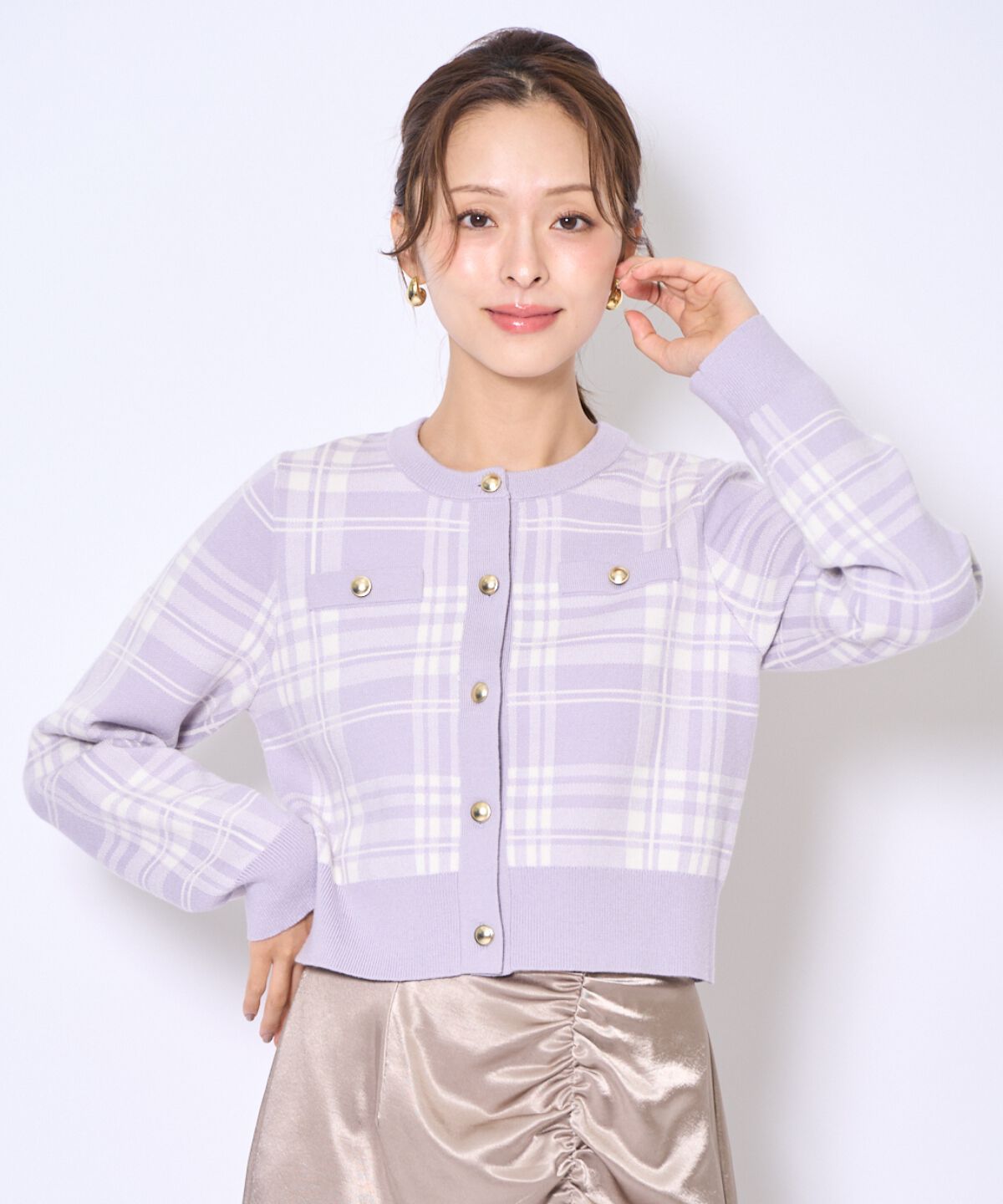アンドクチュール「チェックジャガードニットカーディガン」|カーディガン|purple/ﾁｪｯｸ