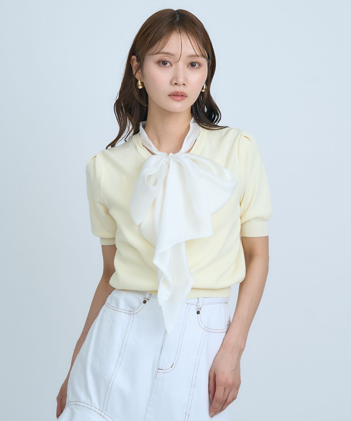 アンドクチュール「異素材リボン半袖ニットカーディガン」|カーディガン|クリーム