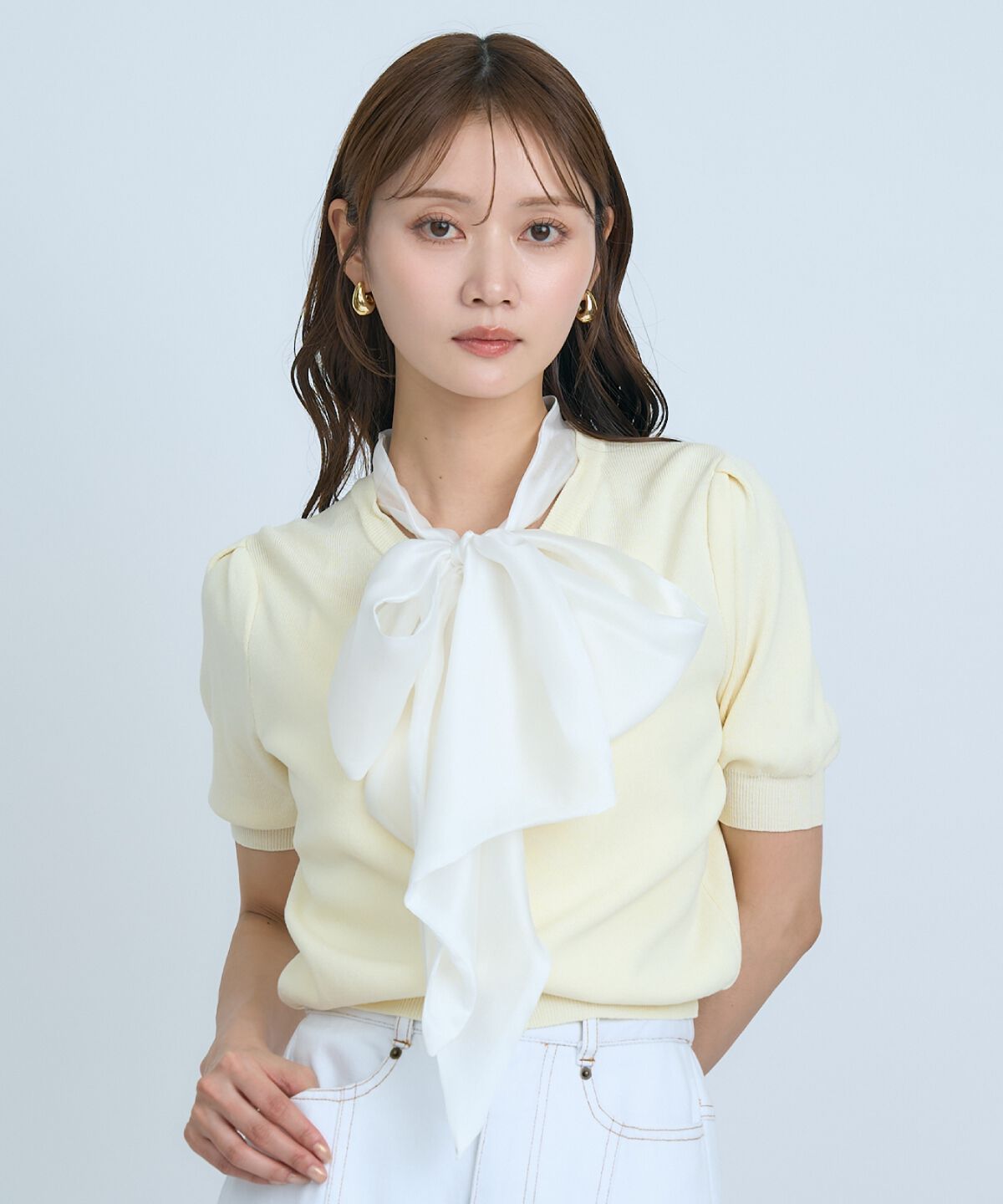 アンドクチュール「異素材リボン半袖ニットカーディガン」|カーディガン|