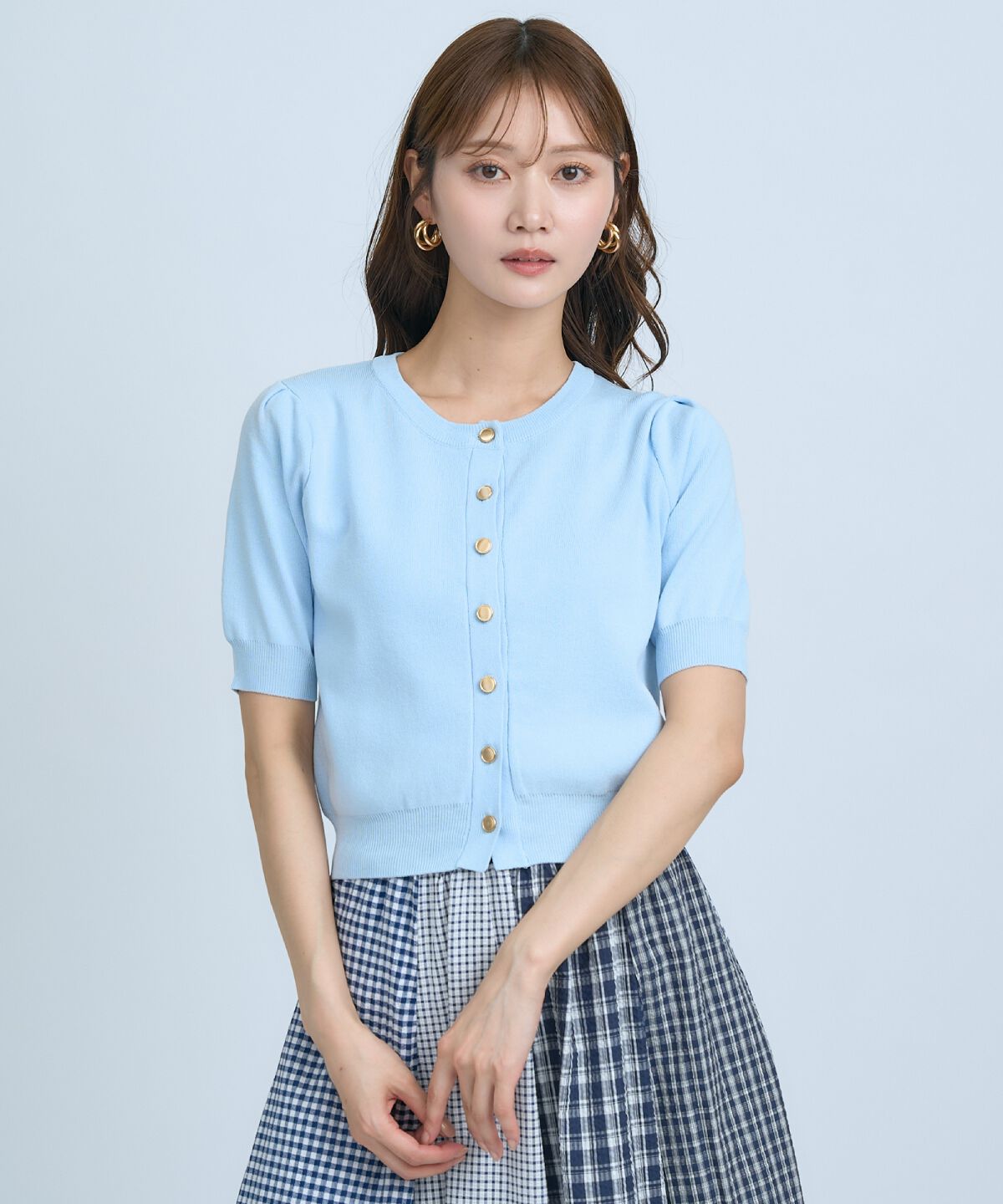 アンドクチュール「異素材リボン半袖ニットカーディガン」|カーディガン|