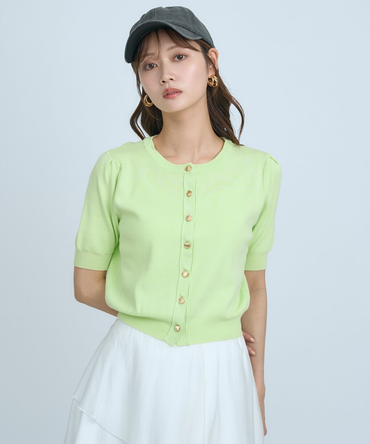 アンドクチュール「異素材リボン半袖ニットカーディガン」|カーディガン|