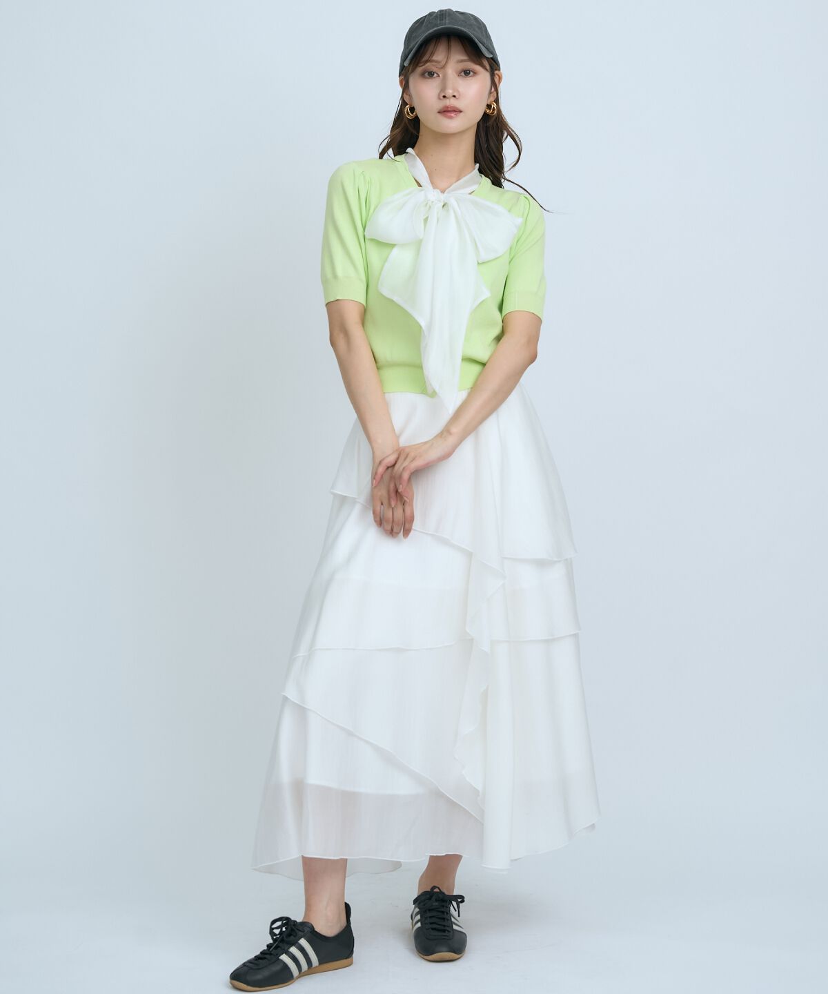 アンドクチュール「異素材リボン半袖ニットカーディガン」|カーディガン|