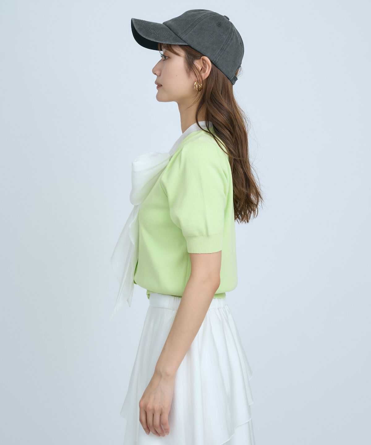 アンドクチュール「異素材リボン半袖ニットカーディガン」|カーディガン|