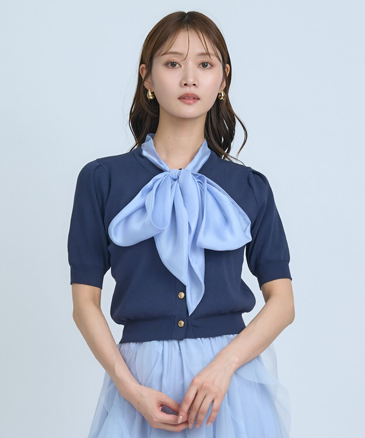 アンドクチュール「異素材リボン半袖ニットカーディガン」|カーディガン|