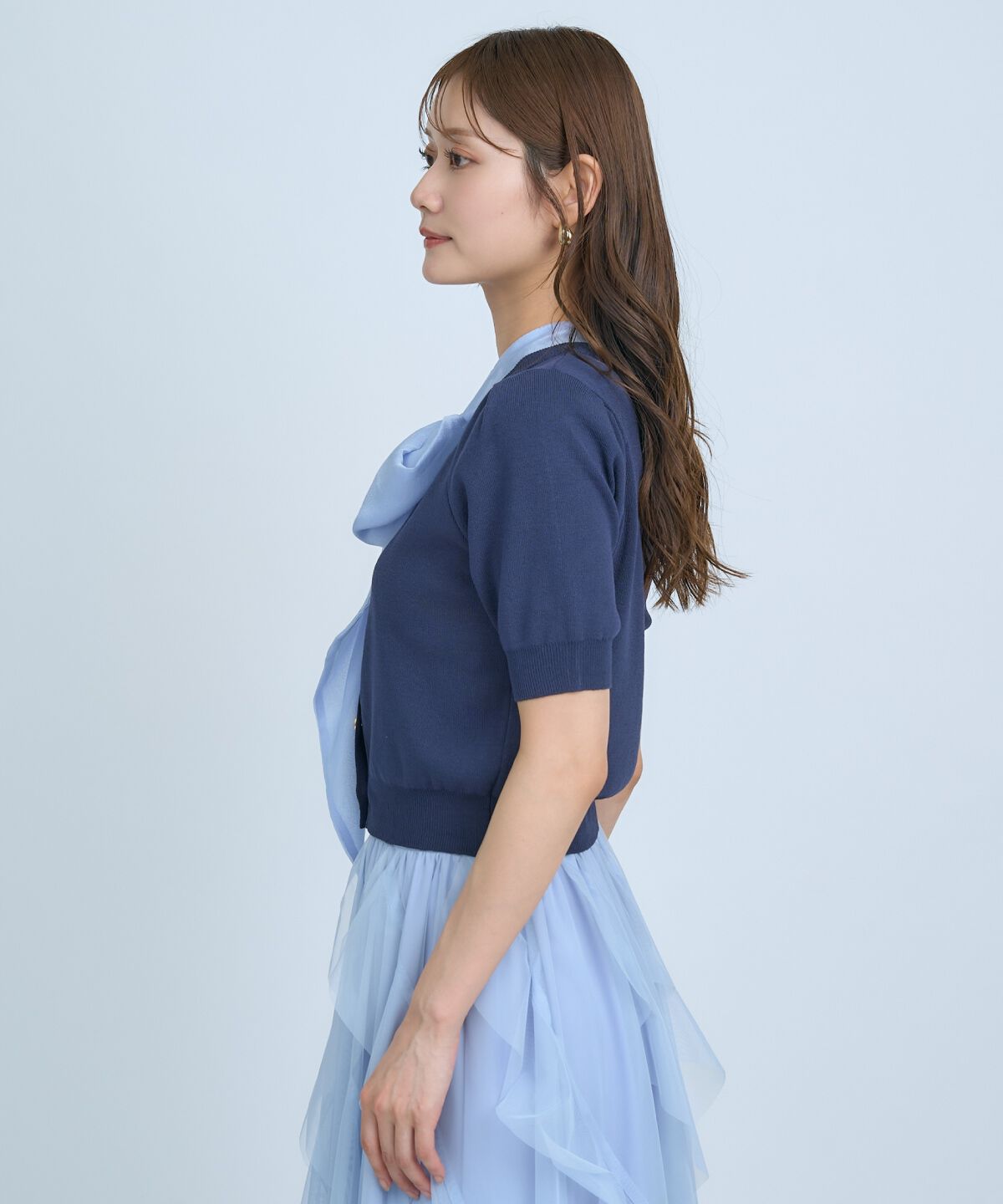 アンドクチュール「異素材リボン半袖ニットカーディガン」|カーディガン|