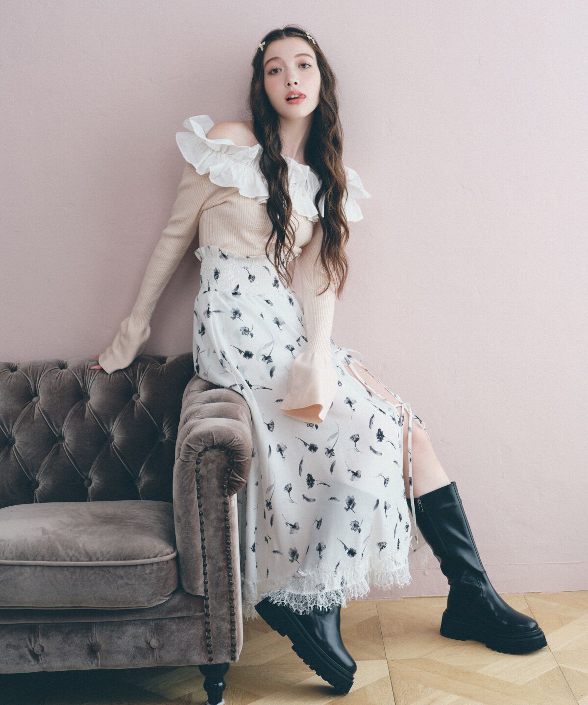 REDYAZEL「フェザープリントスリットスカショートパン」|フレア|