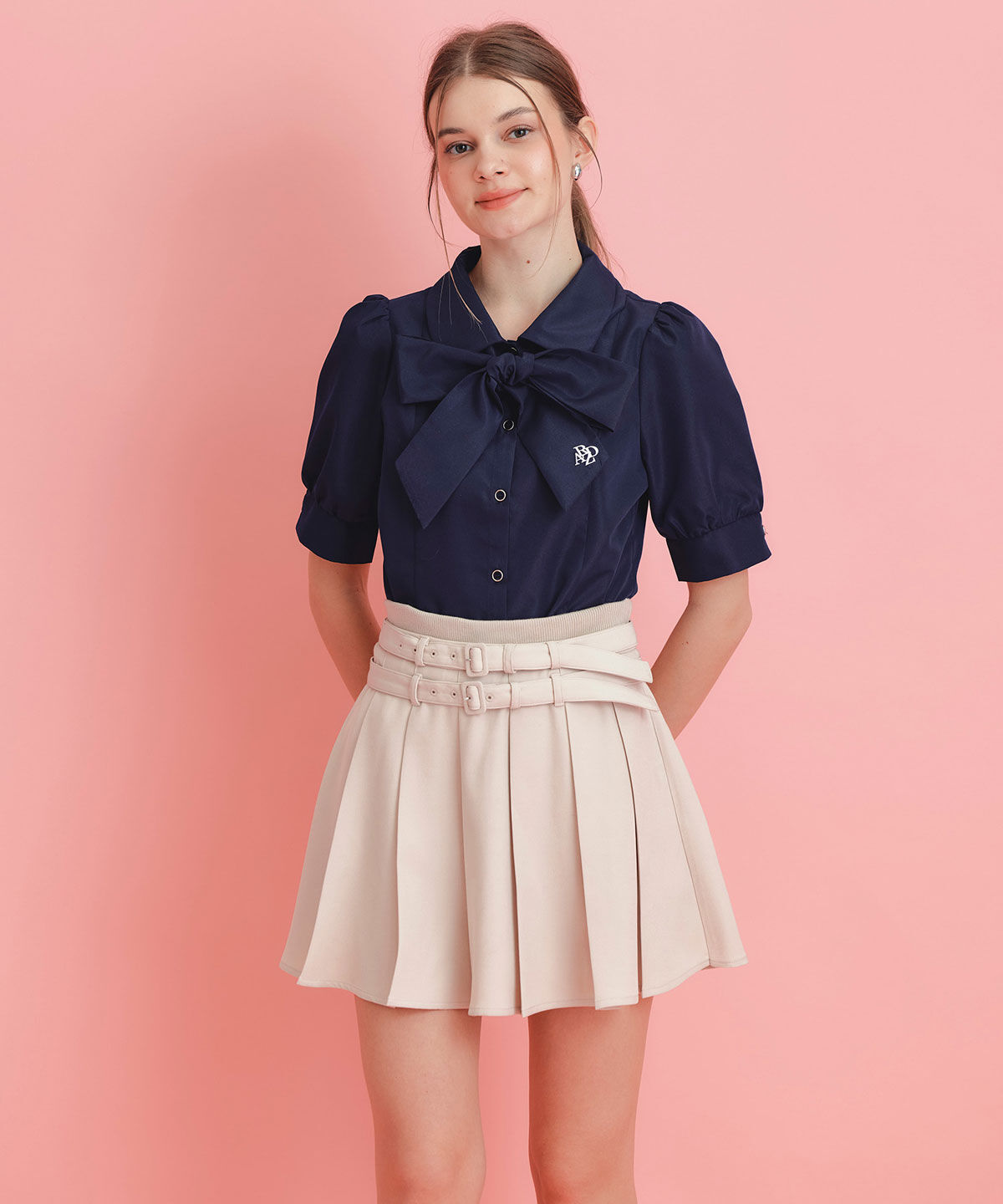 REDYAZEL「ウエストリブダブルベルトプリーツミニスカート」|フレア|