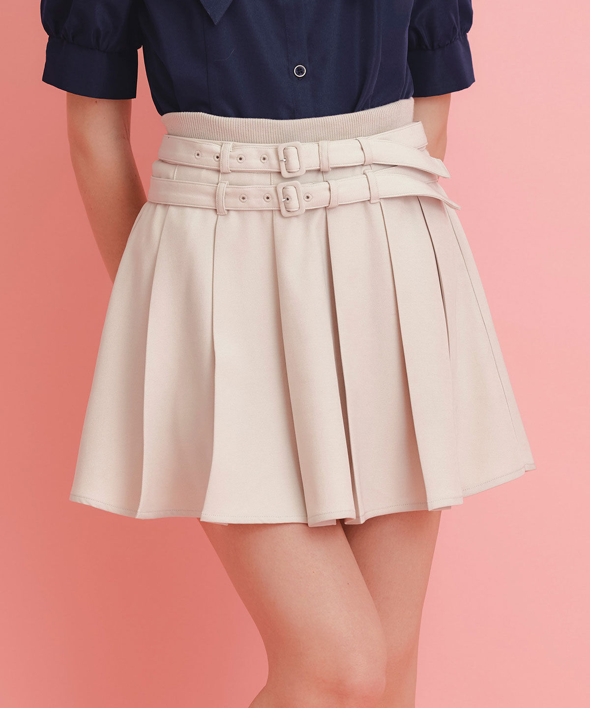 REDYAZEL「ウエストリブダブルベルトプリーツミニスカート」|フレア|