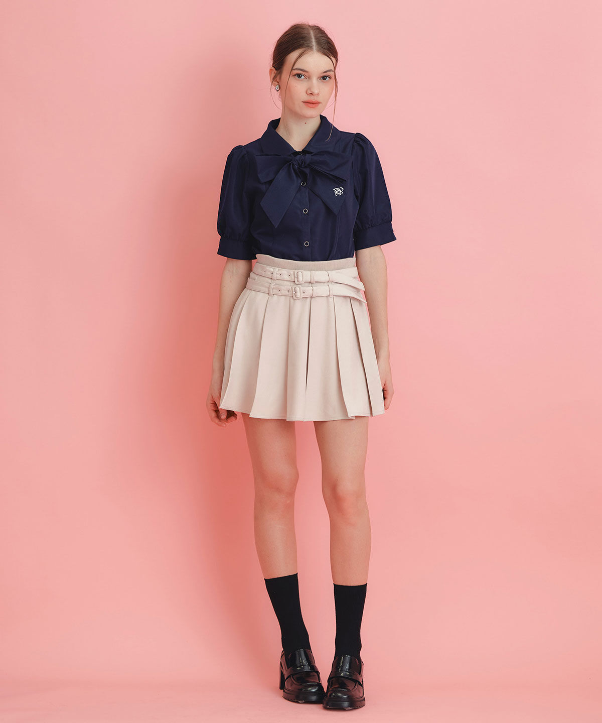 REDYAZEL「ウエストリブダブルベルトプリーツミニスカート」|フレア|