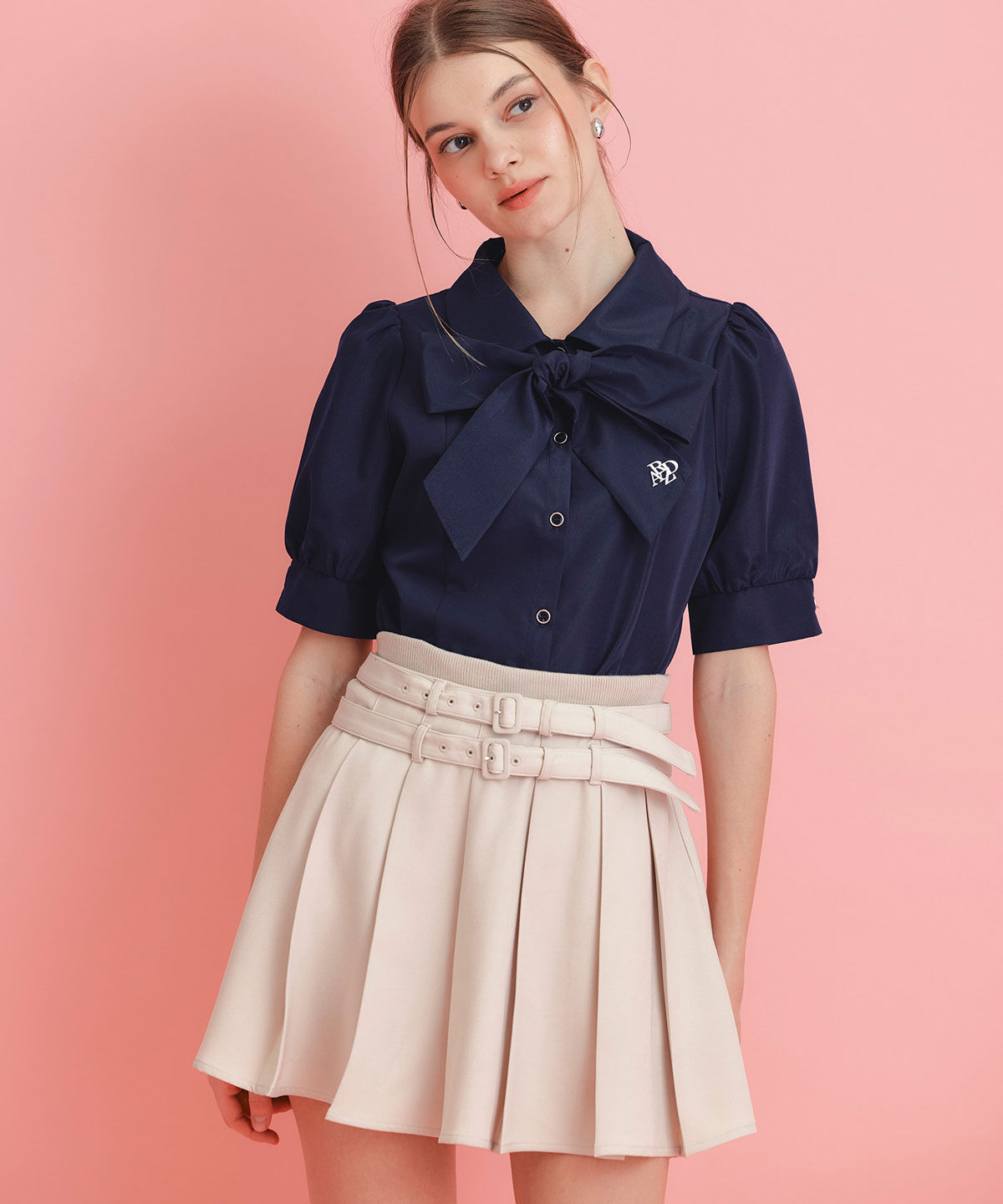 REDYAZEL「ウエストリブダブルベルトプリーツミニスカート」|フレア|