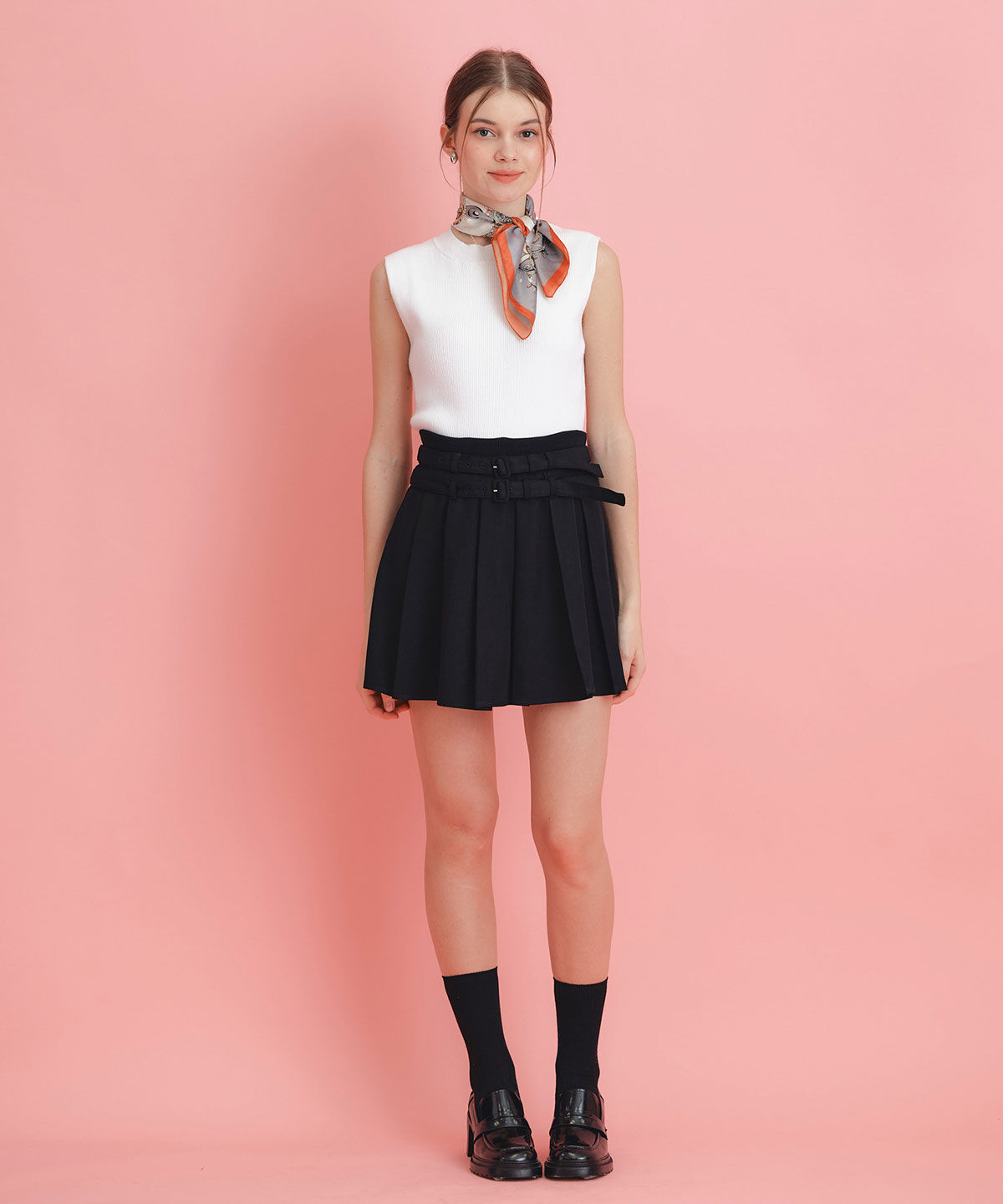 REDYAZEL「ウエストリブダブルベルトプリーツミニスカート」|フレア|