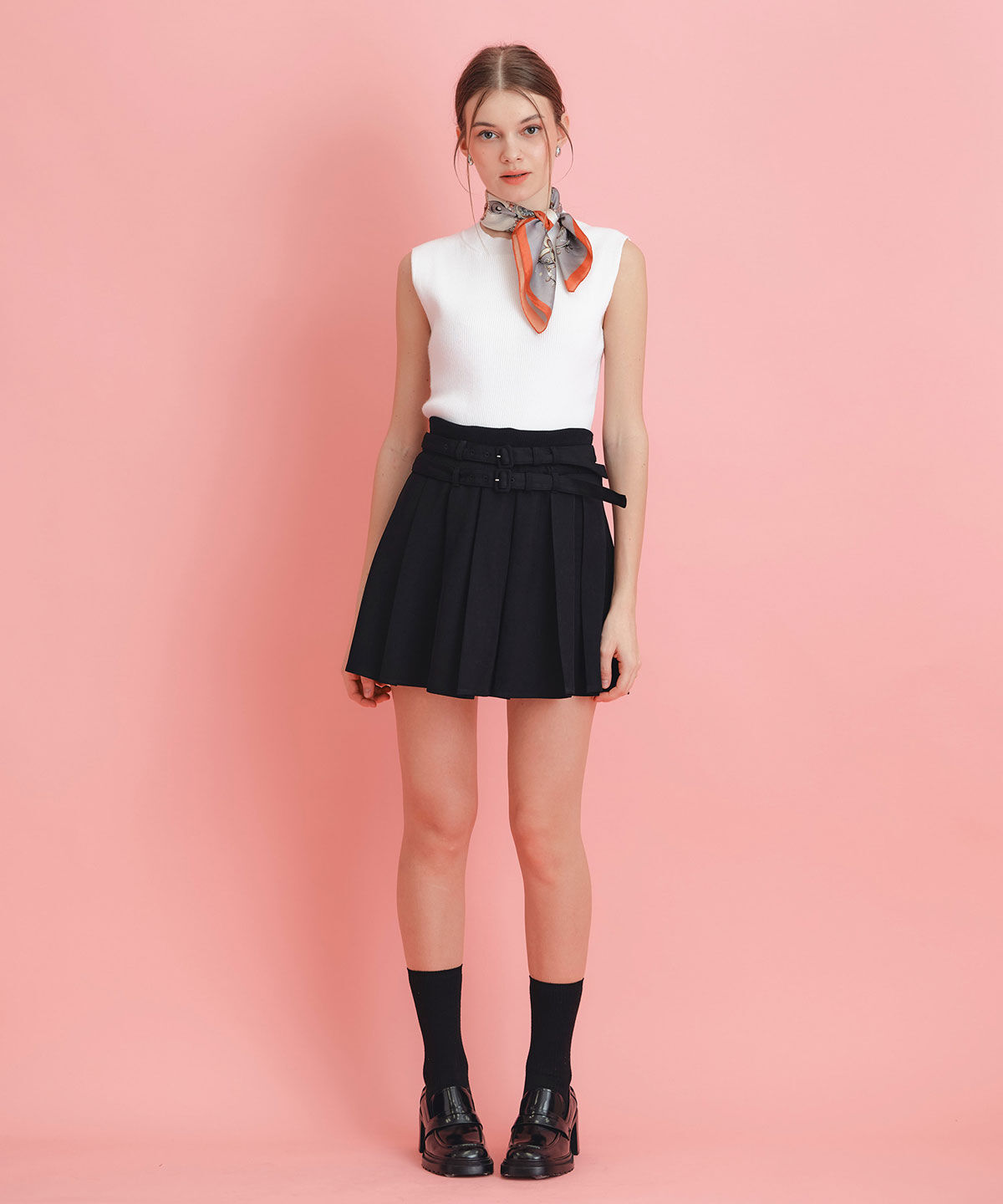 REDYAZEL「ウエストリブダブルベルトプリーツミニスカート」|フレア|