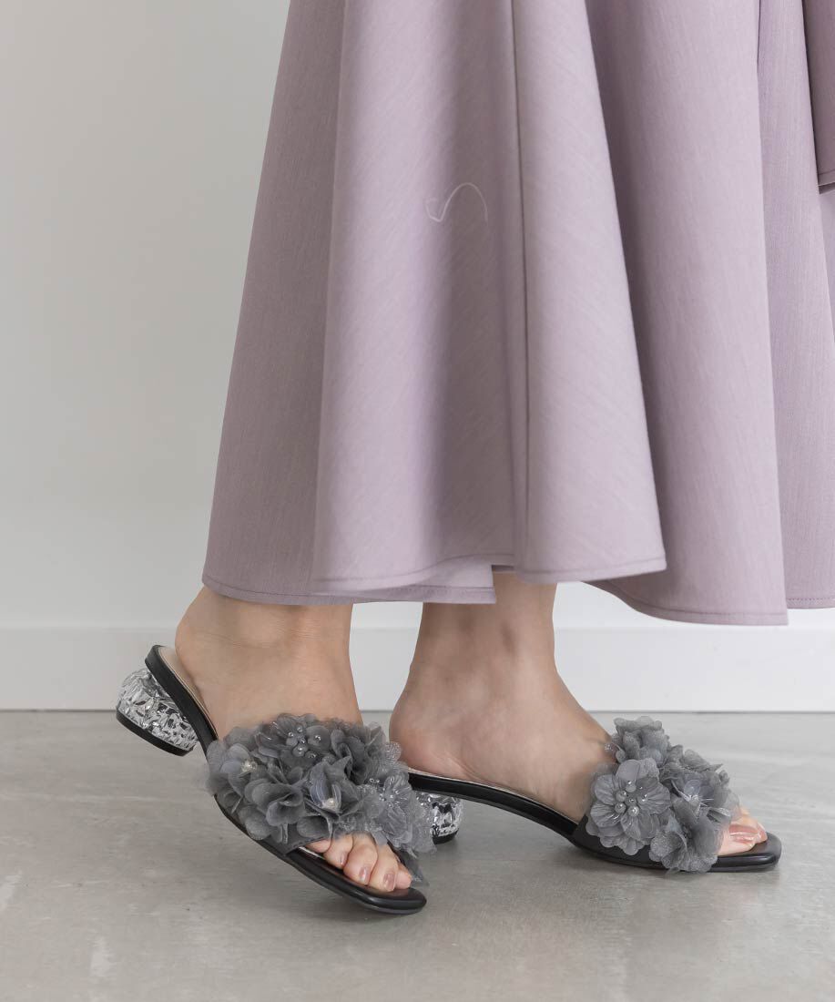 「シフォンフラワーミュールサンダル」|パンプス|グレー