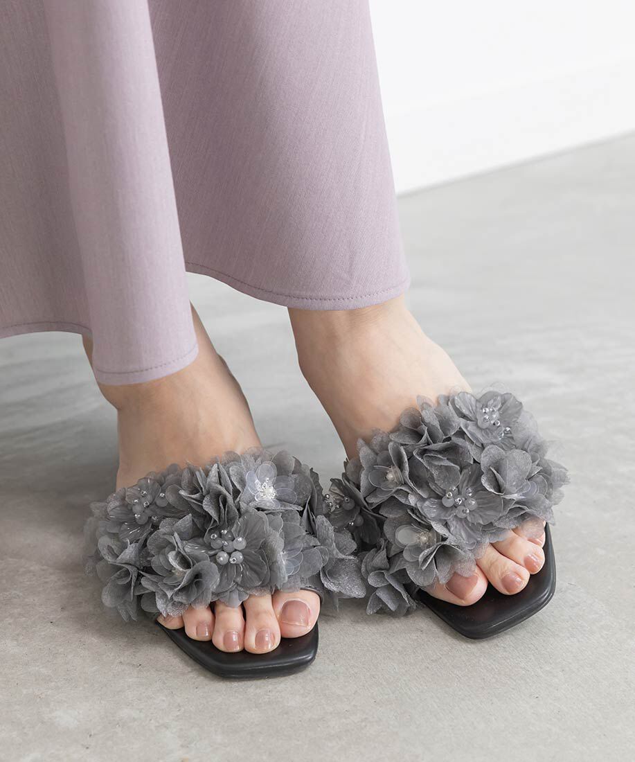  「シフォンフラワーミュールサンダル」|パンプス|