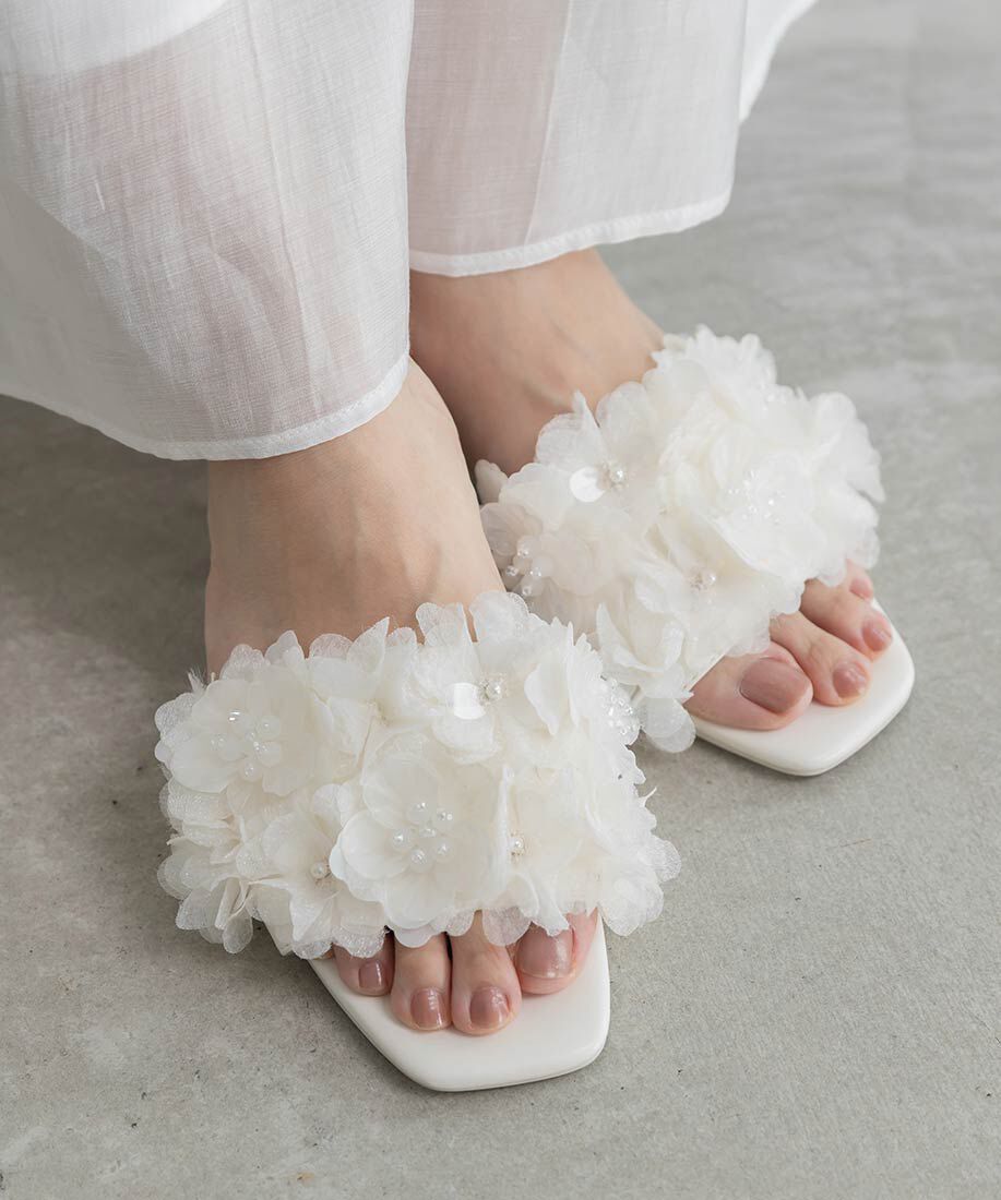  「シフォンフラワーミュールサンダル」|パンプス|