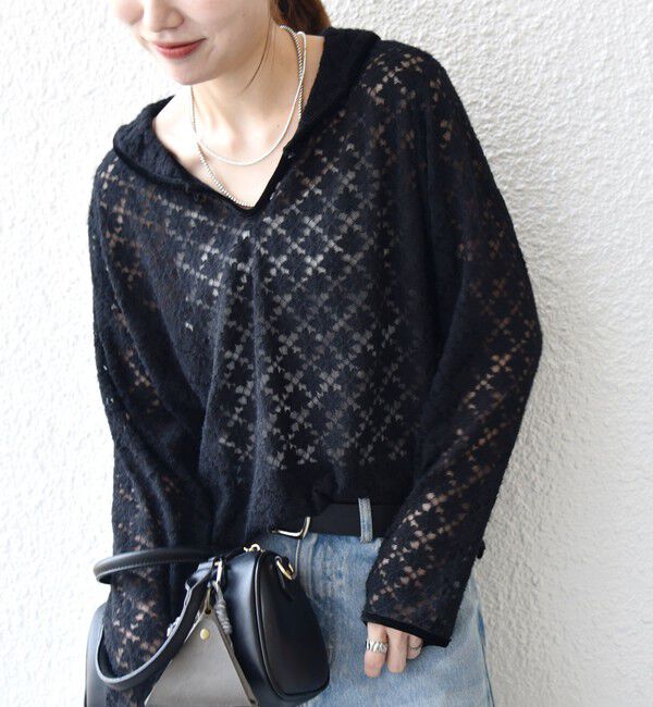 SHIPS any「SHIPS any:〈手洗い可能〉起毛 レース パイピング プルオーバー」|Tシャツ・カットソー|ブラック