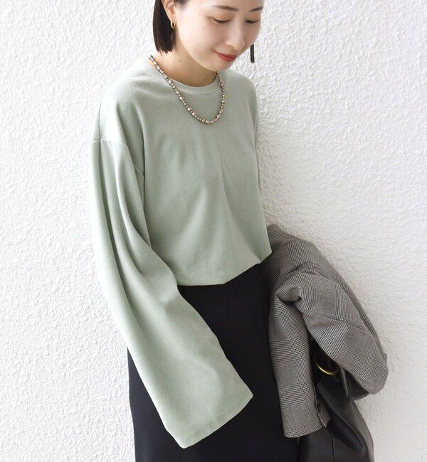 SHIPS for women「〈手洗い可能〉コットン ポリエステル ベロア ワイド スリーブ」|Tシャツ・カットソー|ライトグリーン
