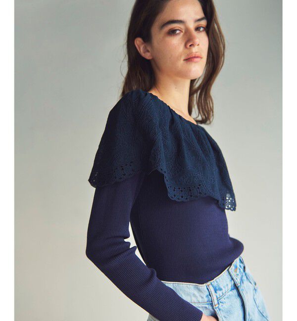 GRACE CONTINENTAL「カットワークリブニットトップ」|ニット・セーター|ネイビー