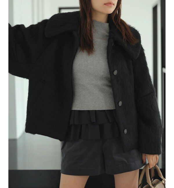 VIS「【アウター総選挙1位】ビッグカラーモモンガシャギーショートコート」|ブルゾン・スタジャン|ブラック(01)