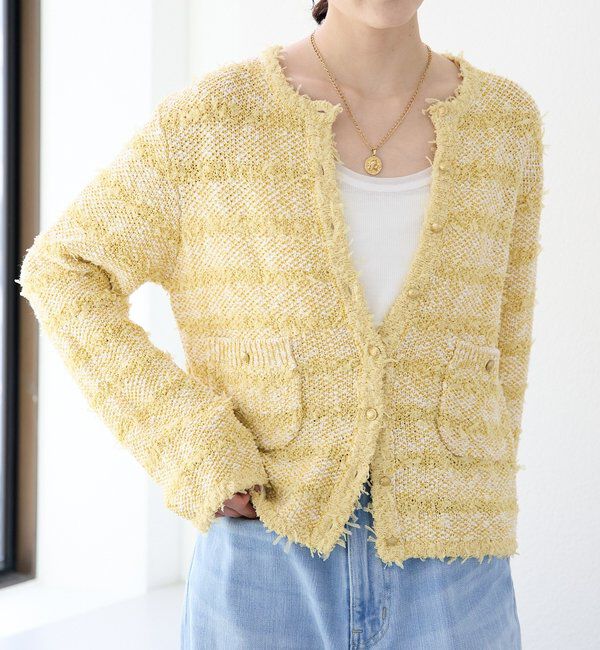  「【上品見え】ツイードショートカーディガン」|カーディガン|イエロー