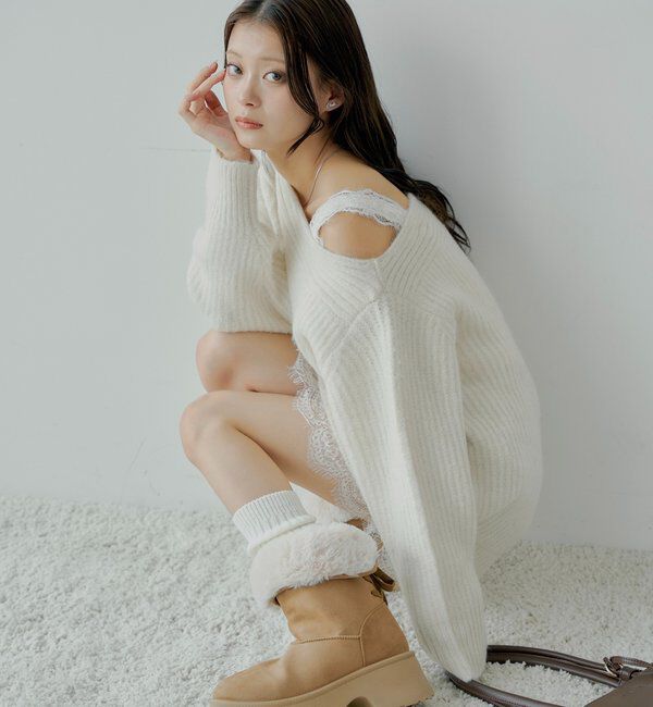  「ワンショルレースニットミニワンピース」|ワンピース|アイボリー