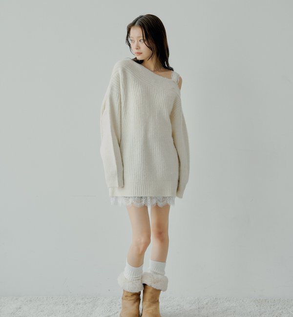  「ワンショルレースニットミニワンピース」|ワンピース|