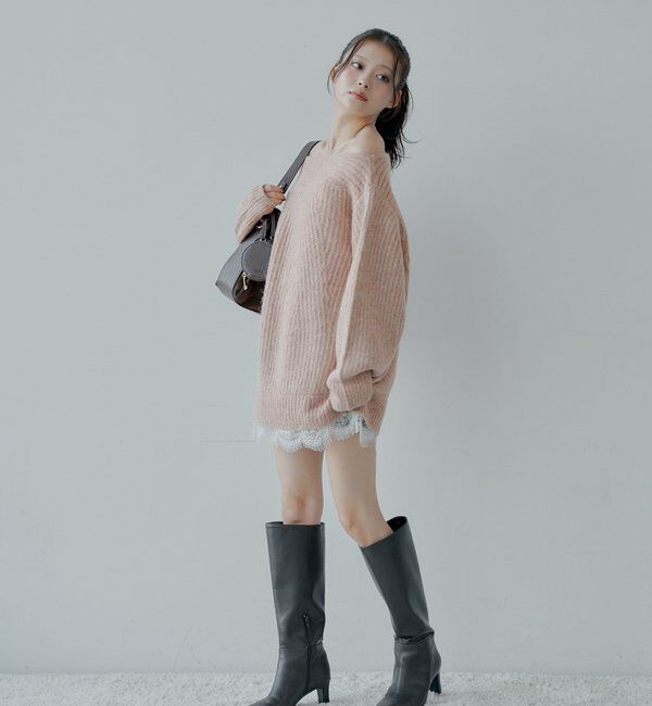  「ワンショルレースニットミニワンピース」|ワンピース|