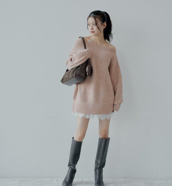  「ワンショルレースニットミニワンピース」|ワンピース|