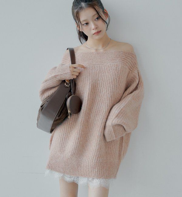  「ワンショルレースニットミニワンピース」|ワンピース|