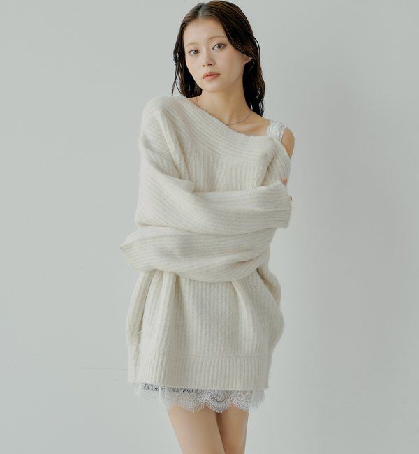  「ワンショルレースニットミニワンピース」|ワンピース|