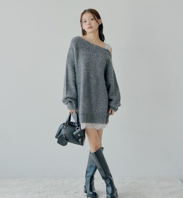  「ワンショルレースニットミニワンピース」|ワンピース|