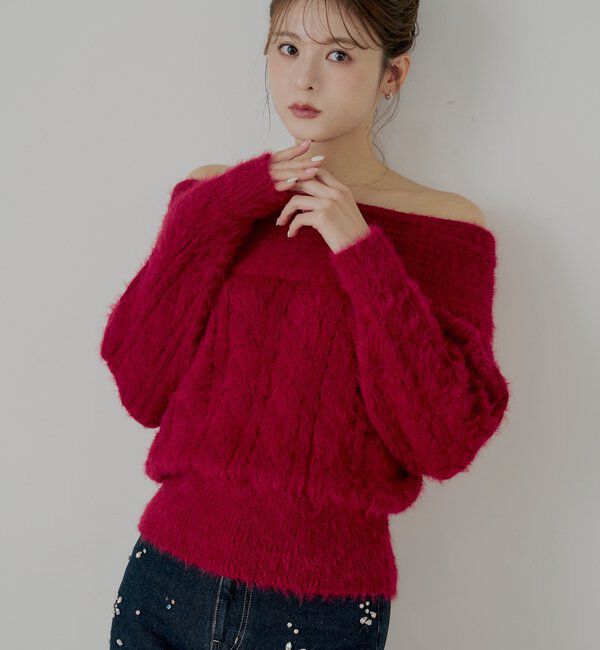  「リブデザインオフショルルーズニット」|ニット・セーター|