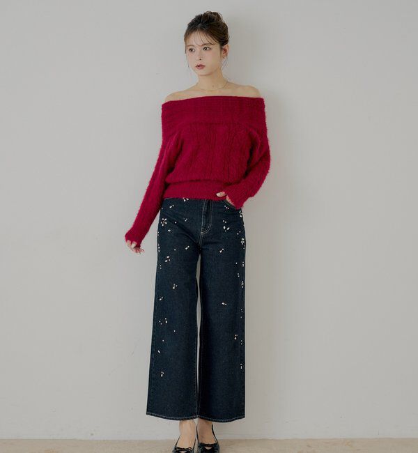  「リブデザインオフショルルーズニット」|ニット・セーター|