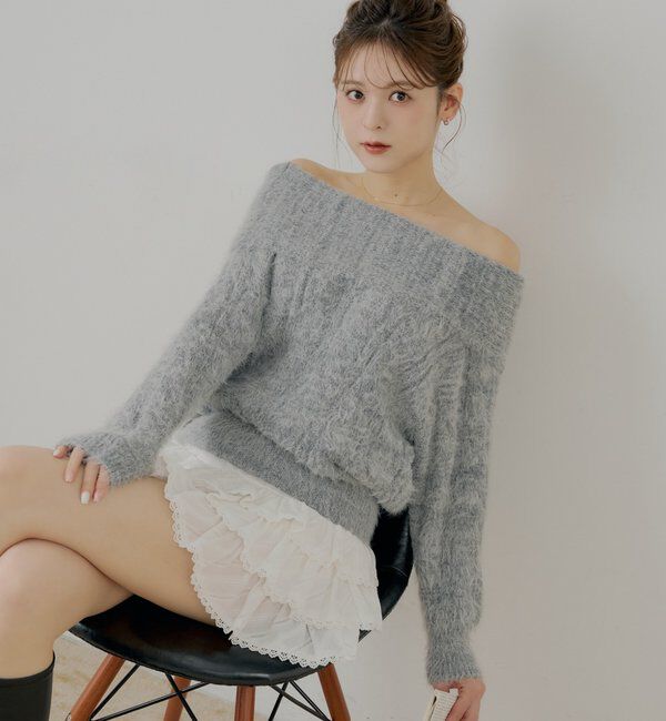  「リブデザインオフショルルーズニット」|ニット・セーター|グレー
