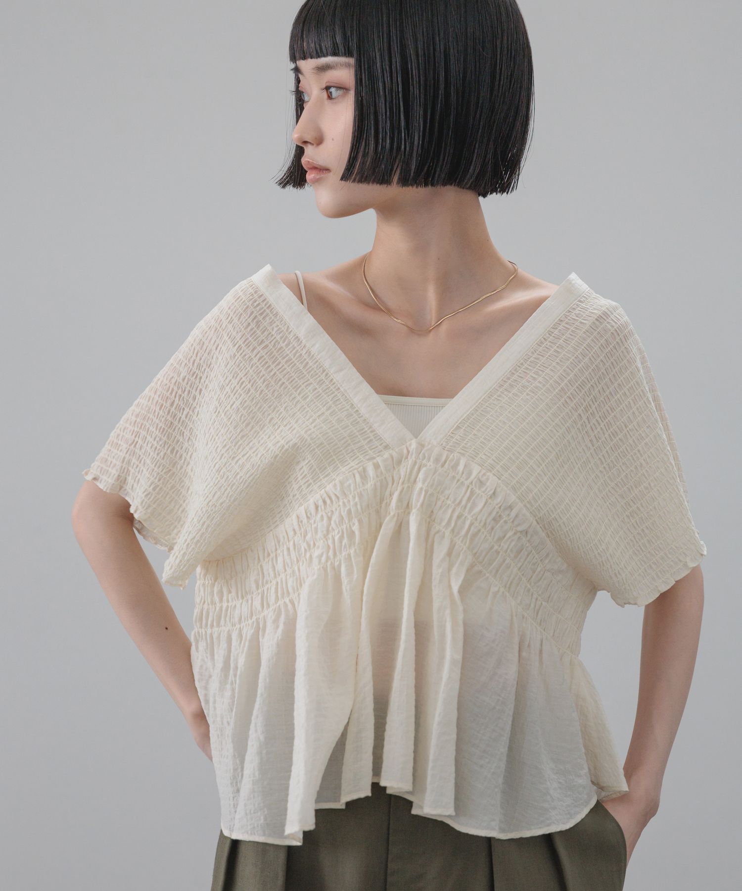 LOWRYS FARM「ヨウリュウシャーリングショートフレンチスリーブ」|シャツ・ブラウス|