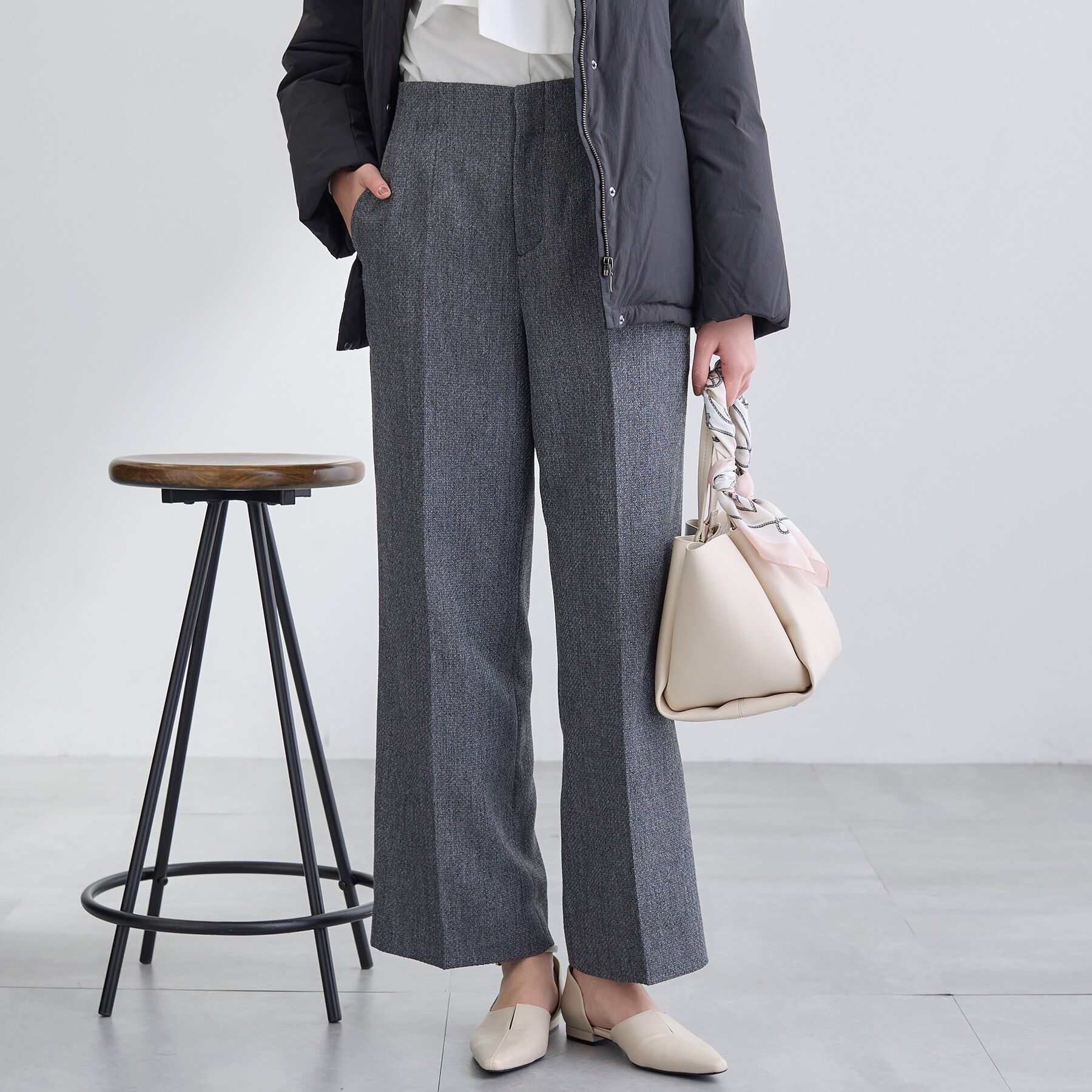 INDIVI「【褒められパンツ/ウール調素材】ラメ混ワイドパンツ」|その他|チャコールグレー(0
