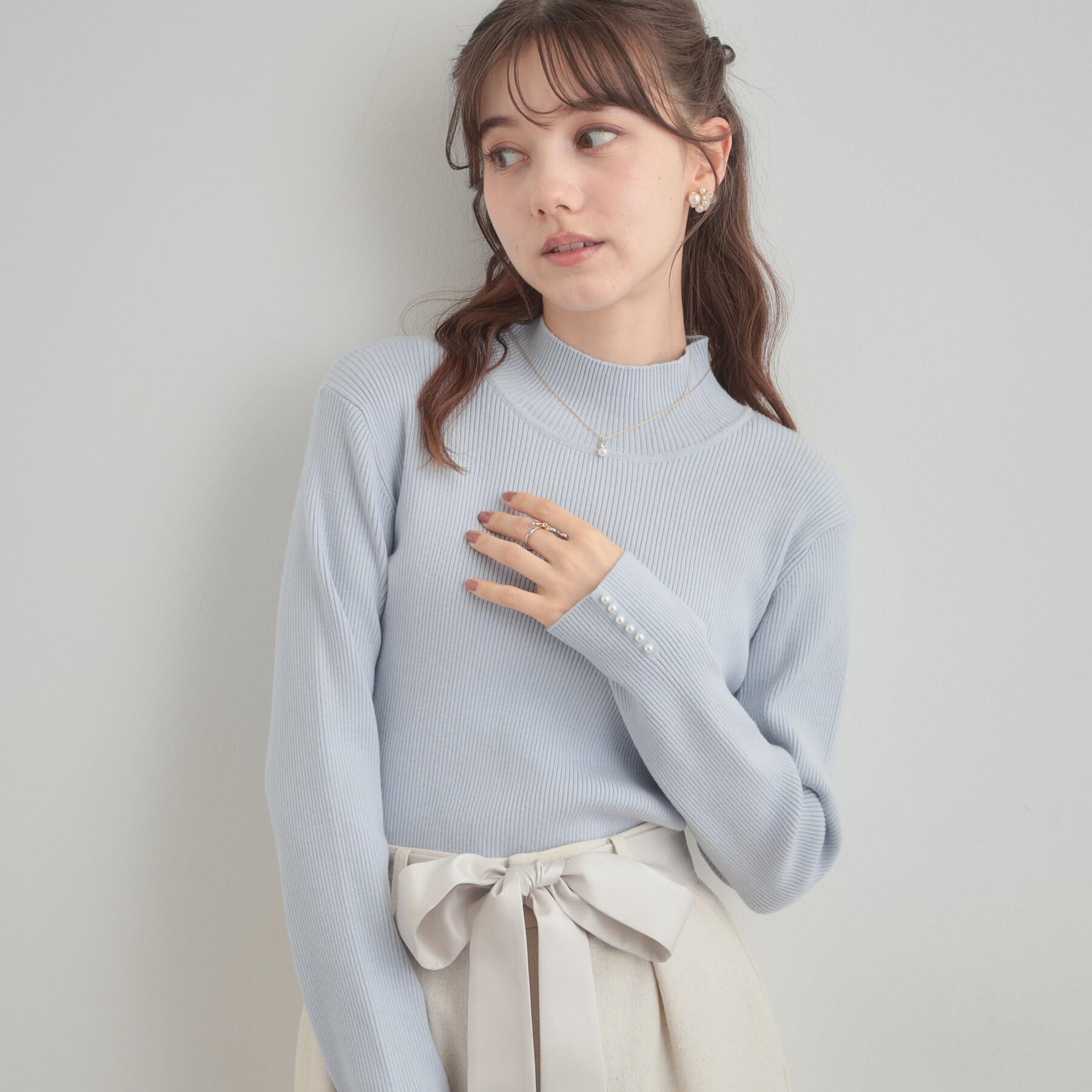 Couture broach「【多機能・フェミニン】パール調リブニット」|ニット・セーター|サックスブルー(09