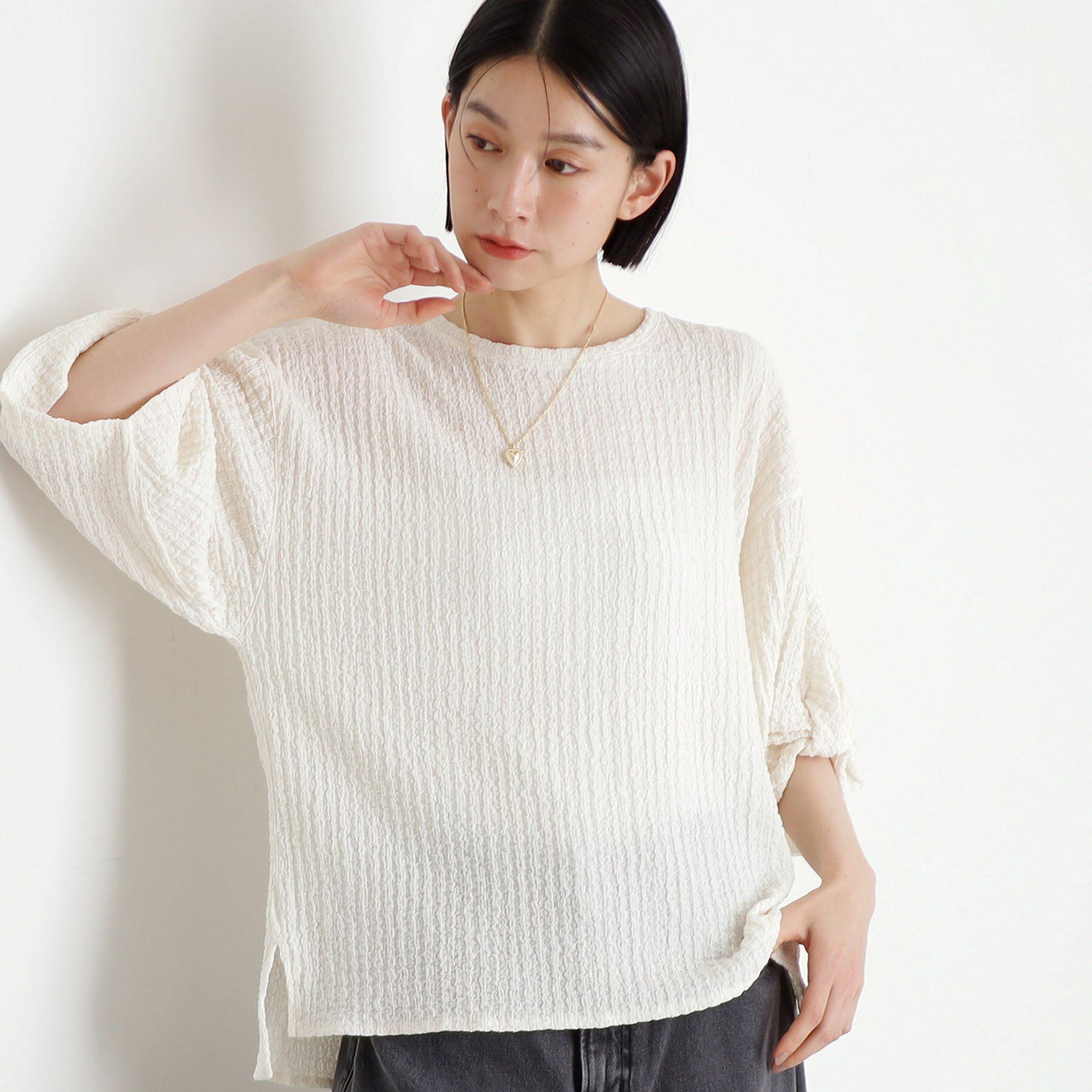 THE SHOP TK「ポコポコ袖タックプルオーバー【洗濯機OK】」|Tシャツ・カットソー|オフホワイト(003