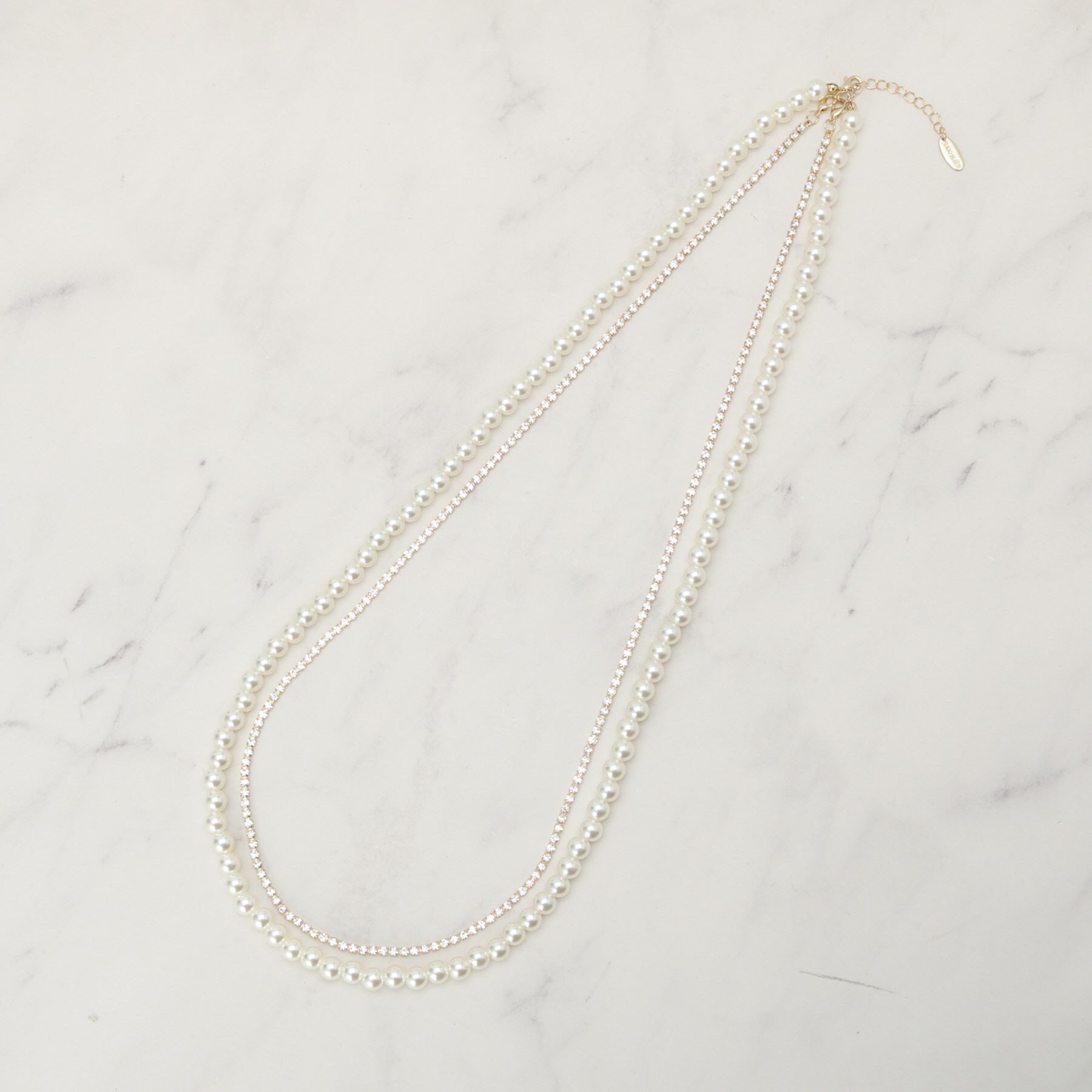 SHOO･LA･RUE「【セレモニー】2連ダイヤレーン＆フェイクパールネックレス」|ネックレス|ゴールド(007)