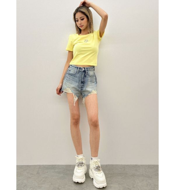 GYDA「ハイウエストJUBEYO bijouデニムショートパンツ」|デニム|