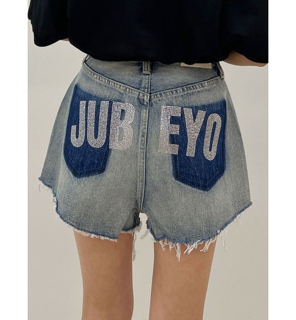 GYDA「ハイウエストJUBEYO bijouデニムショートパンツ」|デニム|アイスブルー