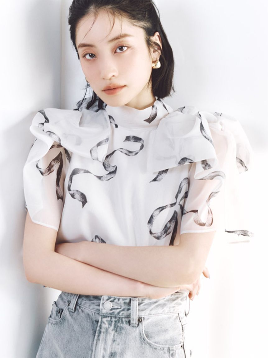 SNIDEL「Sustainableリボンライクオーガンシースルーブラウス」|シャツ・ブラウス|BLK