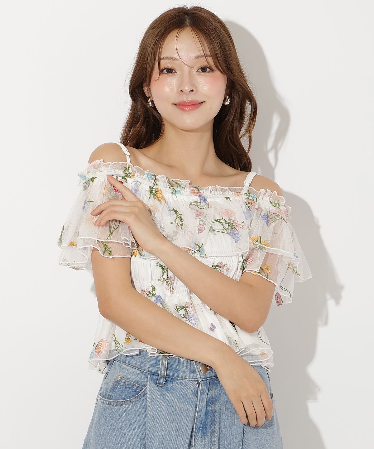 アンドクチュール「ボタニカル柄刺繍チュールブラウス」|シャツ・ブラウス|