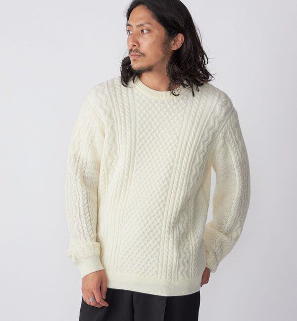 SHIPS「SHIPS:〈手洗い可能〉ランダム アラン クルーネック プルオーバー ニット」|ニット・セーター|オフホワイト