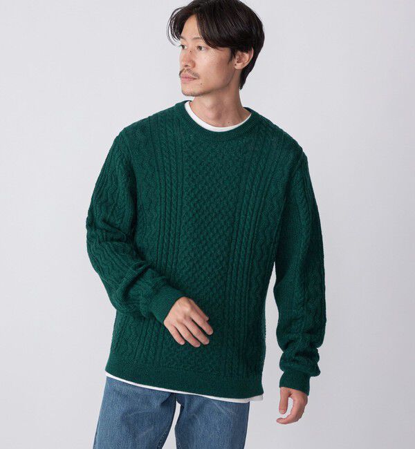 SHIPS「SHIPS:〈手洗い可能〉ランダム アラン クルーネック プルオーバー ニット」|ニット・セーター|オリーブ