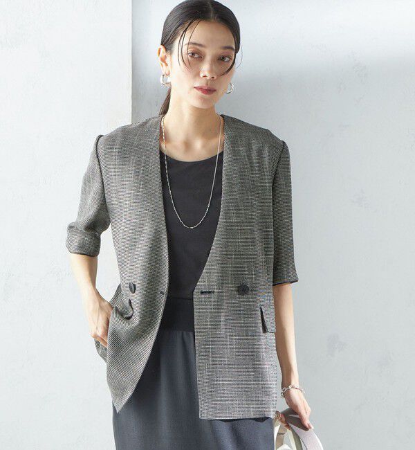 SHIPS for women「〈手洗い可能〉カラミ ノーラペル 半袖 ジャケット」|ノーカラージャケット|